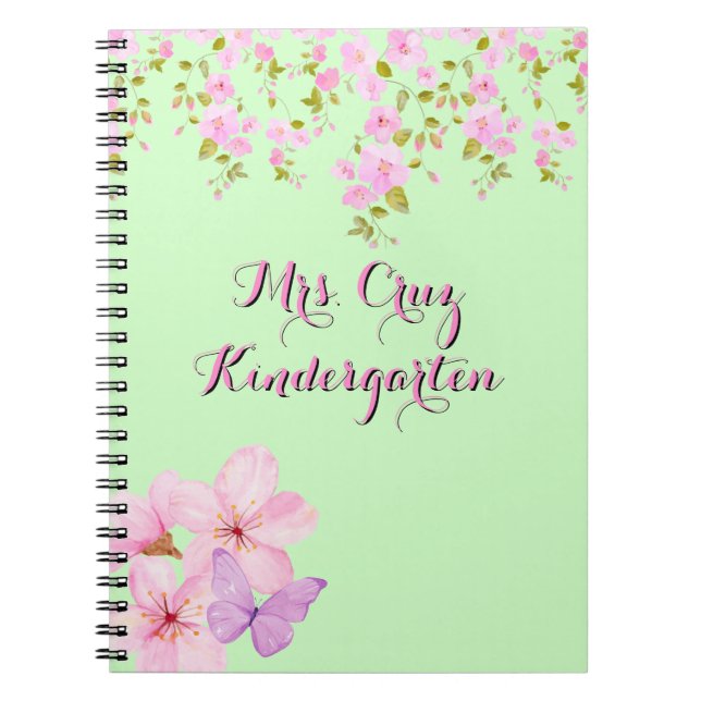 Cuaderno Bonito de flores de cerezo Personalizado rosa y ve (Frente)