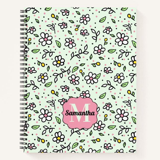 Cuaderno Bonito Doodle Daisy Flowers Cute Pattern Monograma (Anverso)
