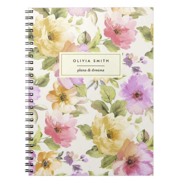 Cuaderno Bonito Elegante acuarela Floral Girly su nombre (Frente)