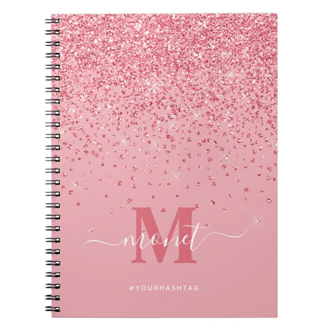 Cuaderno Bonito en Purpurina rosa Glam Monogramo Nombre (Frente)