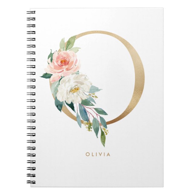Cuaderno Bonito Faux Relieve metalizado dorado Letra floral (Frente)