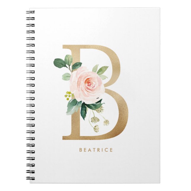 Cuaderno Bonito Faux Relieve metalizado dorado Letra floral (Frente)