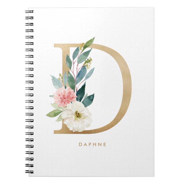 Cuaderno Bonito Faux Relieve metalizado dorado Letra floral (Frente)