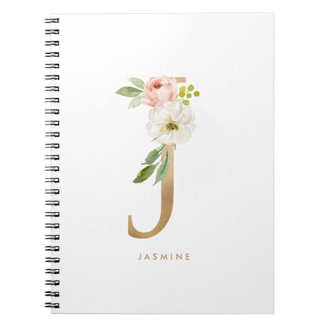 Cuaderno Bonito Faux Relieve metalizado dorado Letra floral (Frente)