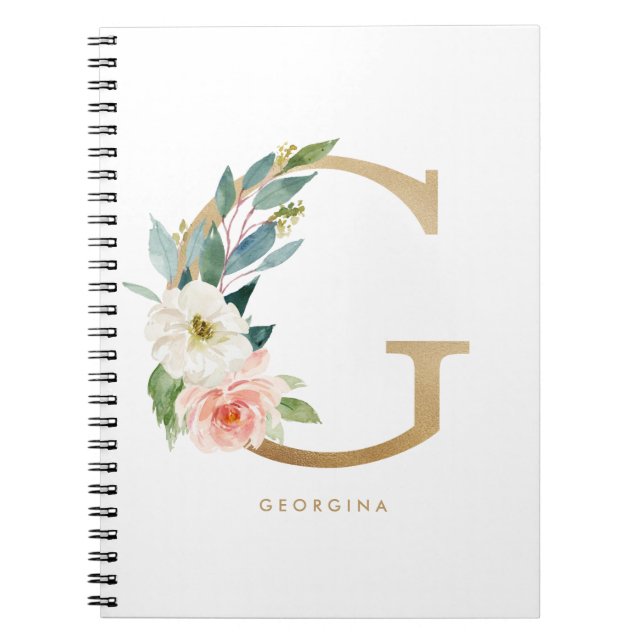 Cuaderno Bonito Faux Relieve metalizado dorado Letra floral (Frente)