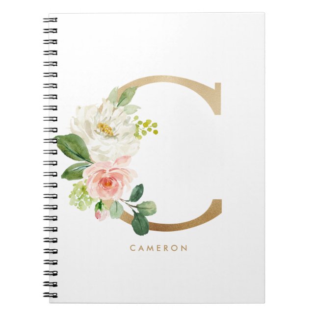 Cuaderno Bonito Faux Relieve metalizado dorado Letra floral (Frente)