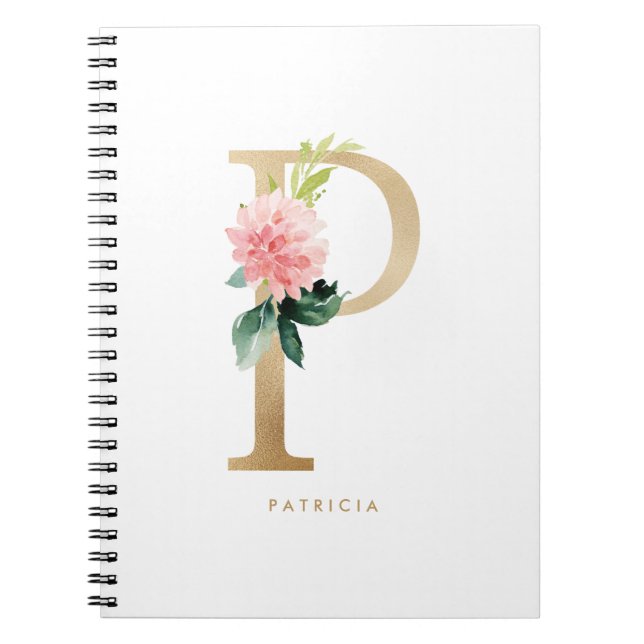 Cuaderno Bonito Faux Relieve metalizado dorado Letra floral (Frente)