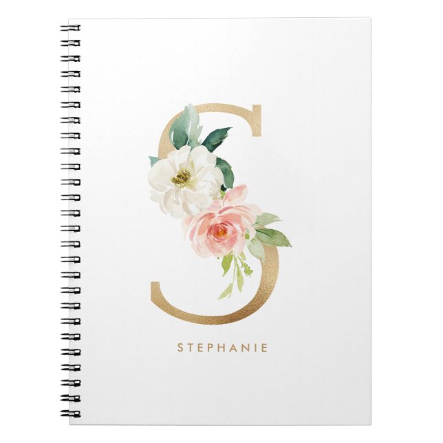 Cuaderno Bonito Faux Relieve metalizado dorado Letra floral (Frente)