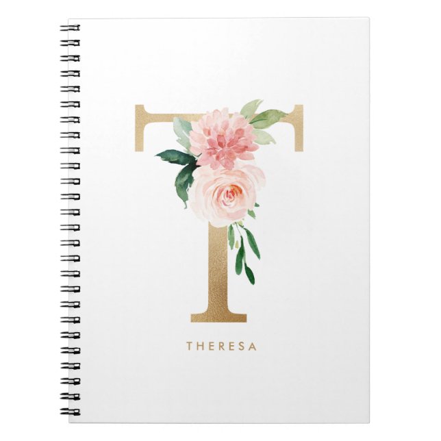 Cuaderno Bonito Faux Relieve metalizado dorado Letra floral (Frente)