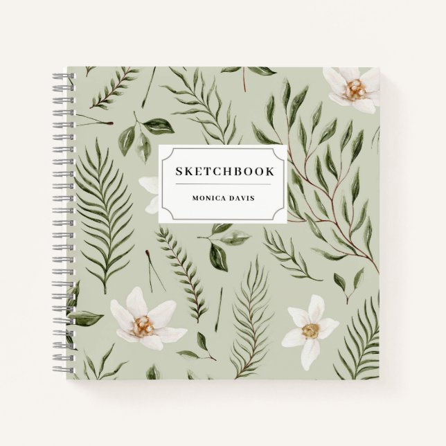 Cuaderno Bonito Floral Oro Verde Patrón blanco Sketchbook (Anverso)