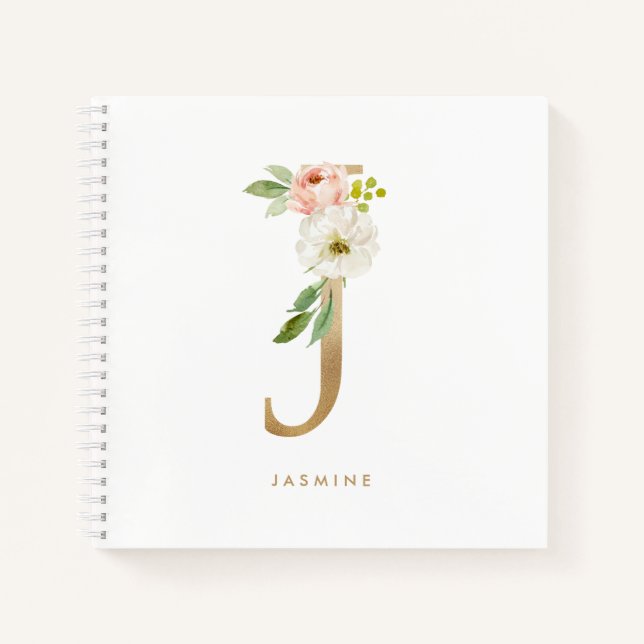Cuaderno Bonito Florals Faux Relieve metalizado dorado Letr (Anverso)
