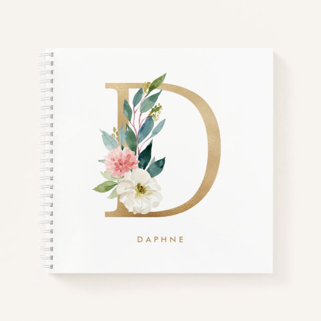 Cuaderno Bonito Florals Faux Relieve metalizado dorado Letr (Anverso)