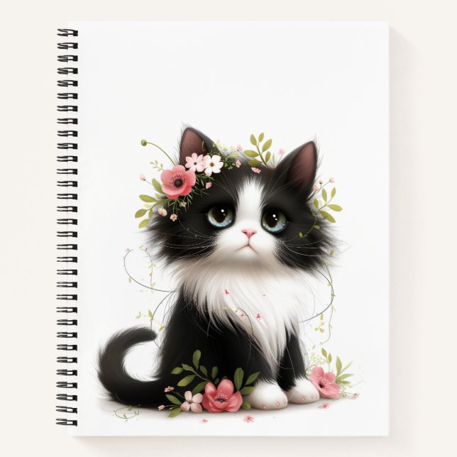 Cuaderno Bonito gatito de Tuxedo con flores (Anverso)