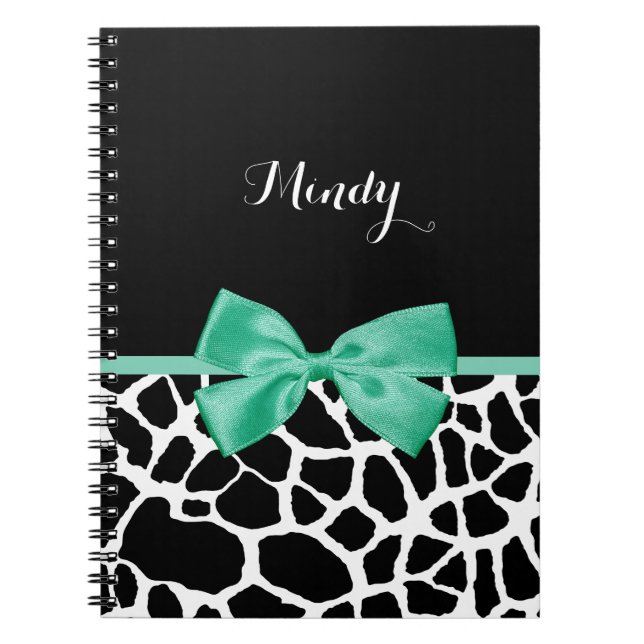 Cuaderno Bonito Giraffe Imprimir Mint Green Bow Con Nombre (Frente)