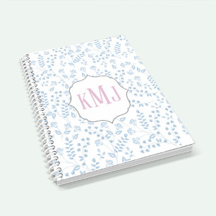 Cuaderno Bonito Monograma Elegante Floral Azul Sencillo