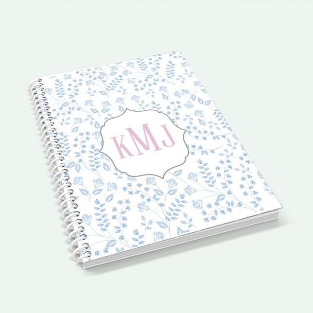 Cuaderno Bonito Monograma Elegante Floral Azul Sencillo (Subido por el creador)