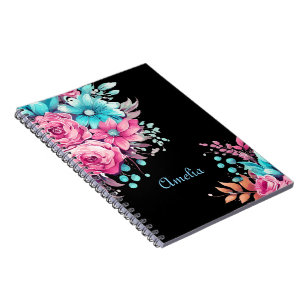 Cuaderno Bonito Negro con Florales de Acuarela Rosa y Turqu