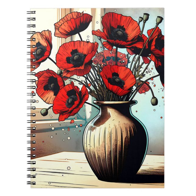 Cuaderno Bonito Vase de arte de los Poppies Rojos (Frente)