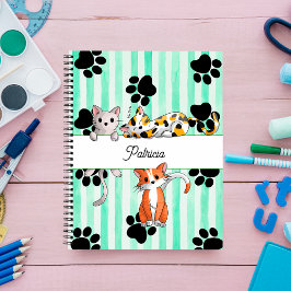 Cuaderno Bonitos gatitos y patas, rayas verdes Espiral