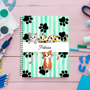 Cuaderno Bonitos gatitos y patas, rayas verdes Espiral