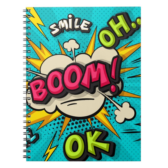 Cuaderno Boom burbuja de arte pop. Sonría, guau, pow, cool, (Frente)