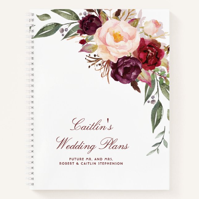 Cuaderno Borgoña acuarela Floral Elegante Boda