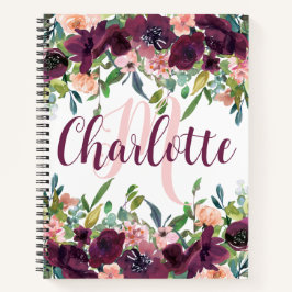 Cuaderno Borgoña elegante Floral Sketchbook Monograma