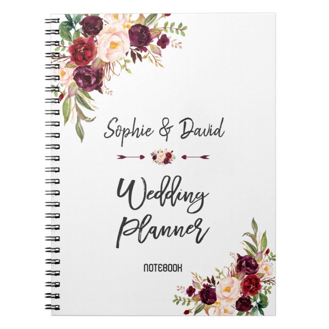 Cuaderno Borgoña Rubor Floral HandWriting Wedner Planner (Frente)
