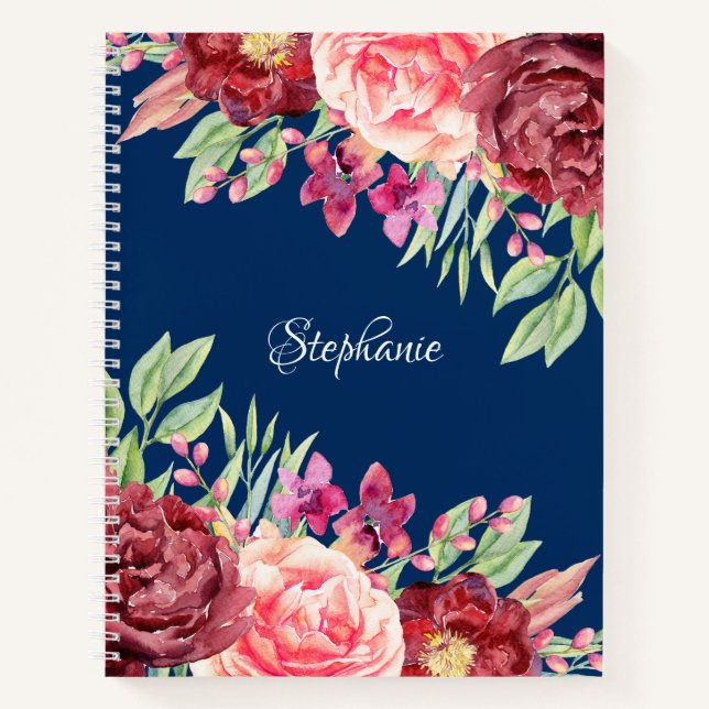 Cuaderno Borgoña Rubor floral nombre personal Marina azul (Anverso)
