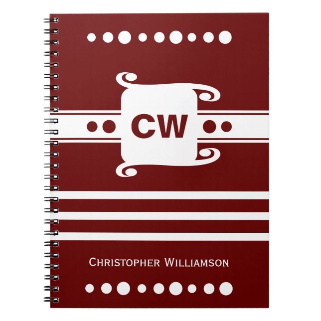 Cuaderno Borgoña y blanco añaden iniciales nombre rayado (Frente)