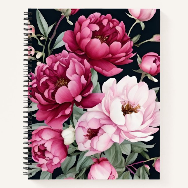 Cuaderno Borgoña y floral rosa en negro (Anverso)
