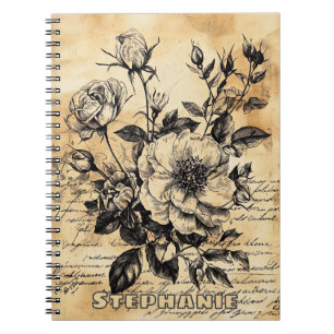Cuaderno Bosquejo Botánico de Rosa Sepia Vintage Escritura