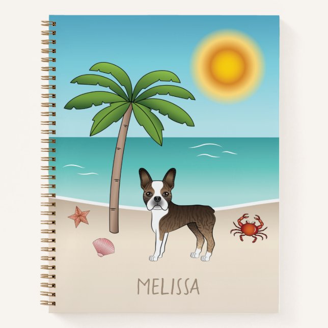 Cuaderno Boston Terrier Atigrado En Una Playa Tropical De V (Anverso)