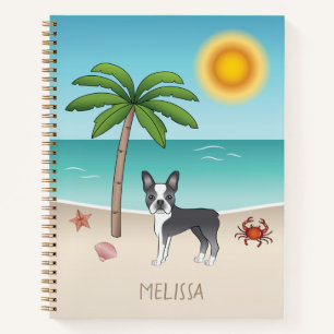 Cuaderno Boston Terrier Azul en una Playa Tropical de Veran