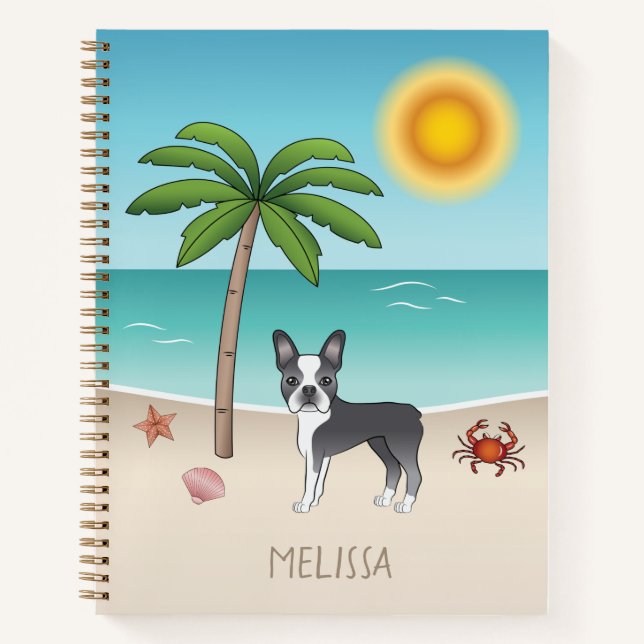 Cuaderno Boston Terrier Azul en una Playa Tropical de Veran (Anverso)