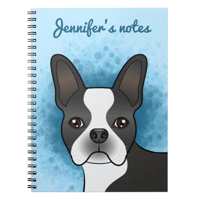 Cuaderno Boston Terrier de dibujos animados en blanco y neg (Frente)