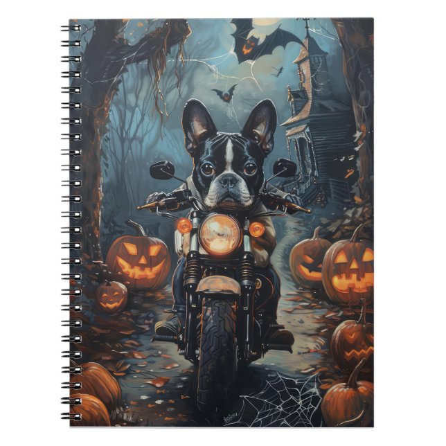 Cuaderno Boston Terrier montando motocicleta Halloween ater (Frente)