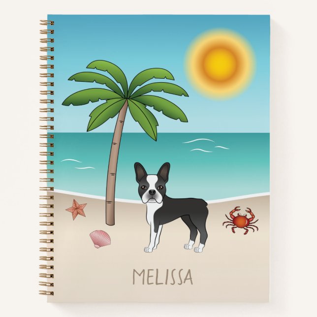 Cuaderno Boston Terrier negro en una playa tropical de vera (Anverso)