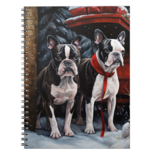 Cuaderno Boston Terrier Nevado Trineo Decoración de Navidad