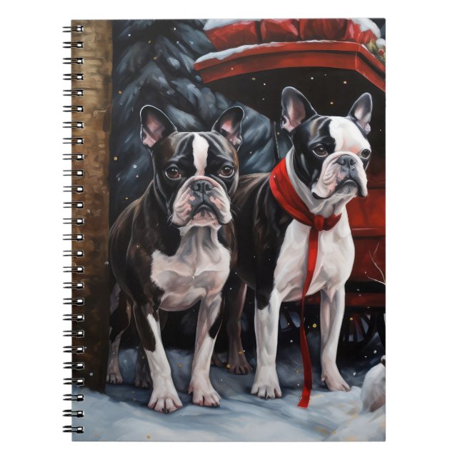 Cuaderno Boston Terrier Nevado Trineo Decoración de Navidad (Frente)