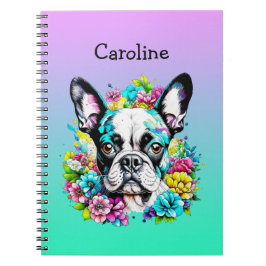 Cuaderno Boston Terrier rodeado de flores personalizadas