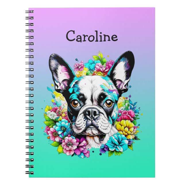 Cuaderno Boston Terrier rodeado de flores personalizadas (Frente)