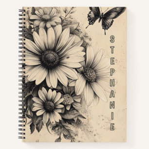 Cuaderno Botánico de mariposa margarita sepia vintage