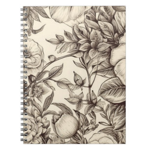 Cuaderno Botánico sepia elegante con flores superpuestas