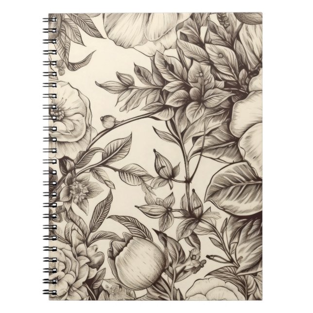 Cuaderno Botánico sepia elegante con flores superpuestas (Frente)
