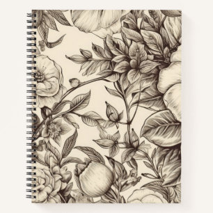 Cuaderno Botánico sepia elegante con flores superpuestas