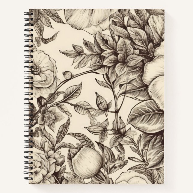 Cuaderno Botánico sepia elegante con flores superpuestas (Anverso)