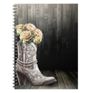 Cuaderno Botas Cowgirl Encaje y Perlas Flores Blancas Rústi