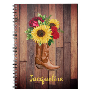 Cuaderno Botas de vaquera de madera rústica girasoles rosas