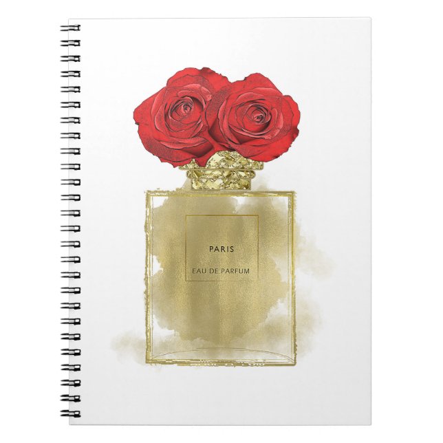 Cuaderno Botella de perfume de moda floral Rosas rojas Glam (Frente)